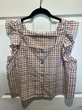 Madewell Blue, White & Tan Gingham Ruffle Sleeve Tank
